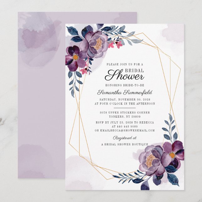 Lila Blues Blush Botanisches Script-Brautparty (Vorne/Hinten)