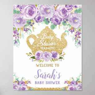 Lila Blum Tee-Party Babyshower Willkommensschild Poster