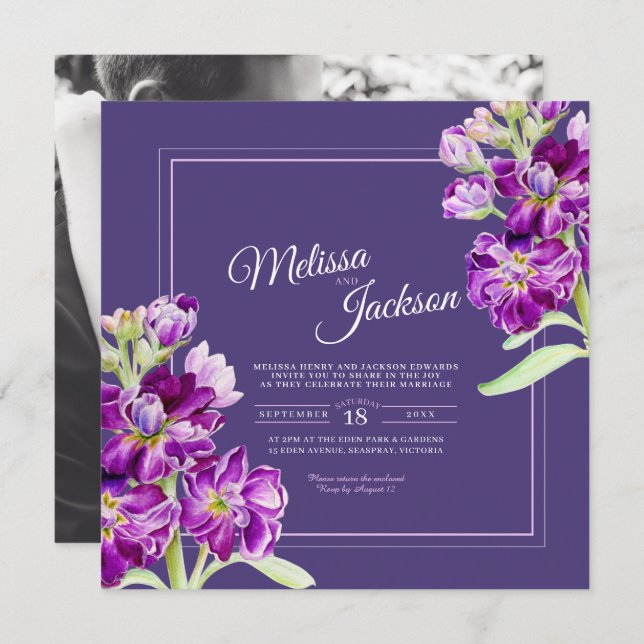 Lila Blume Aquarell und Foto Hochzeit Einladung (Vorne/Hinten)