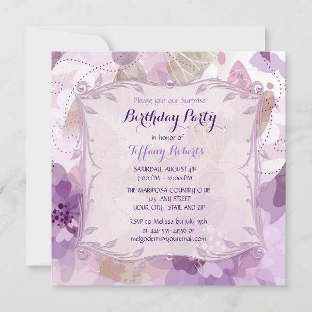 Lila Blume blüht Geburtstagspartei Einladung (Vorderseite)