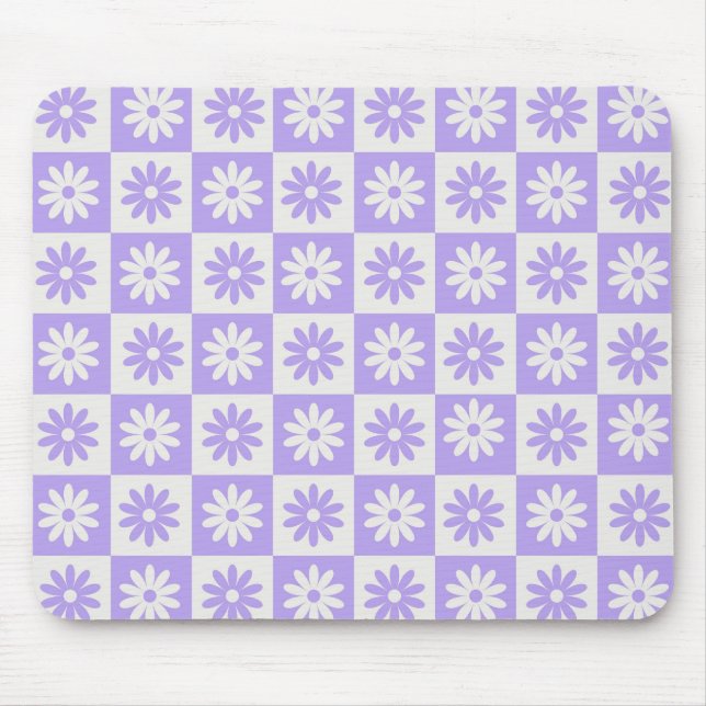 Lila Blume Checkerboard Modernes Retro Checked Mousepad (Vorne)