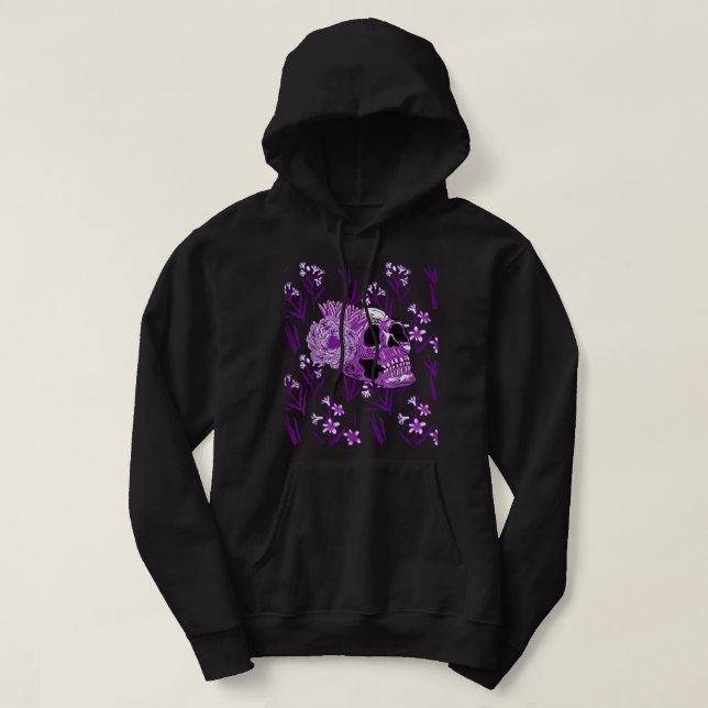 Lila Blume des Schädels Coole Beängstigende Blüten Hoodie (Design vorne)