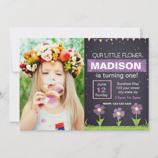 Lila Blume Geburtstag Einladung mit Foto (Vorderseite)
