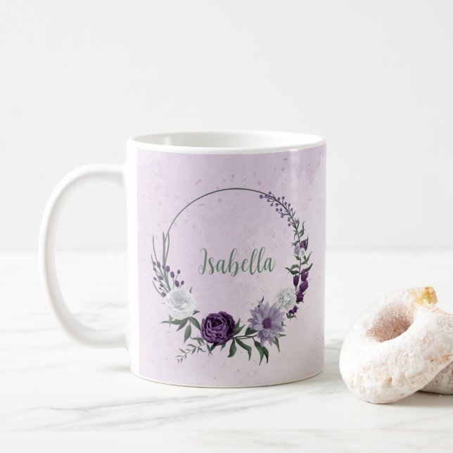 Lila Blume, grün Kaffeetasse (Mit Donut)