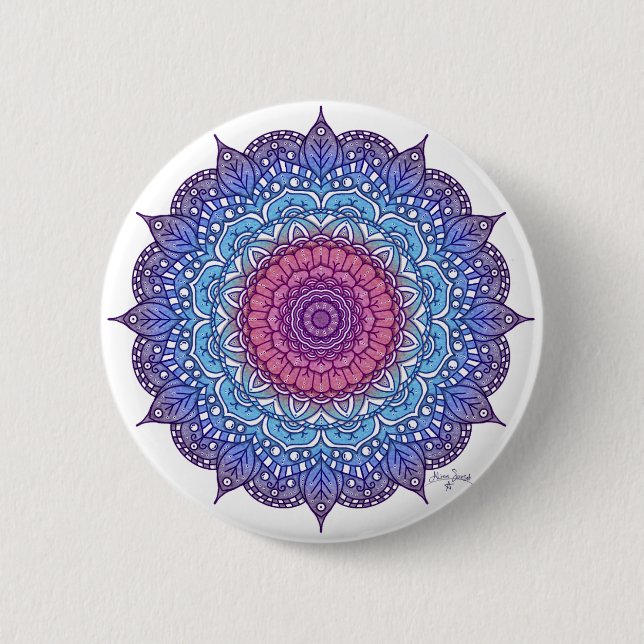 Lila Blume Leaf Mandala Button (Vorderseite)