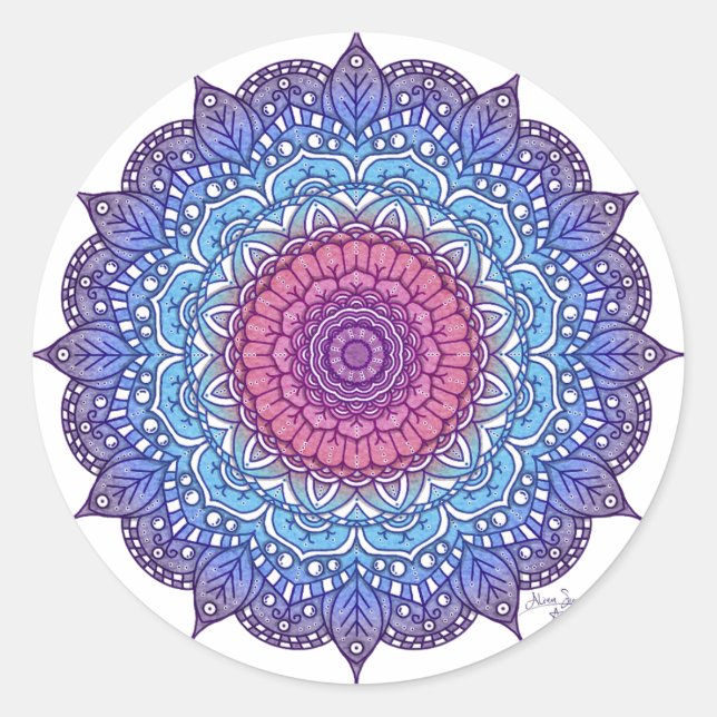 Lila Blume Leaf Mandala Runder Aufkleber (Vorderseite)