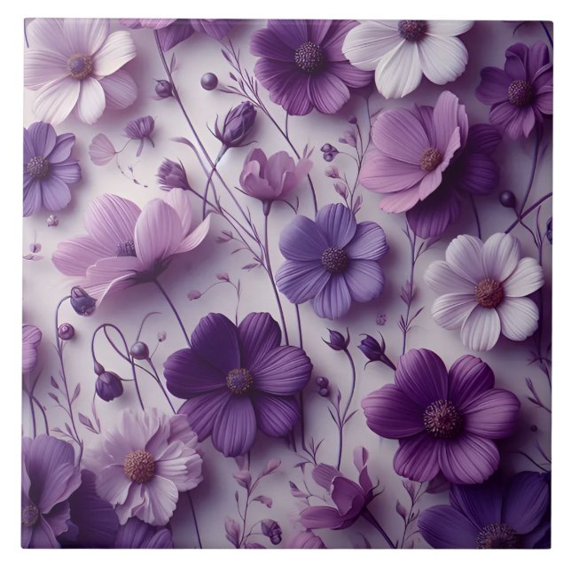 Lila Blume Muster auf weißem Hintergrund Fliese (Vorderseite)