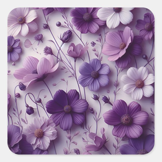 Lila Blume Muster auf weißem Hintergrund Quadratischer Aufkleber (Vorderseite)
