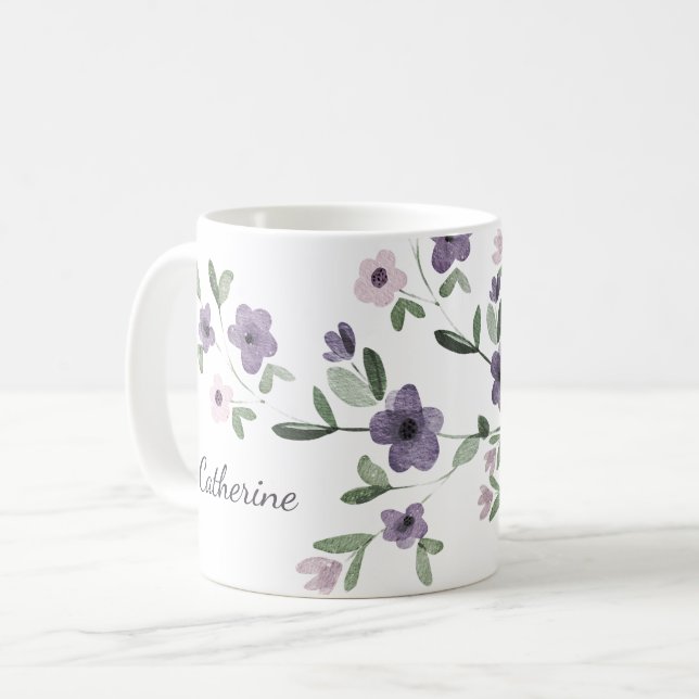 lila Blume personalisierter Name Kaffeetasse (Vorderseite Links)