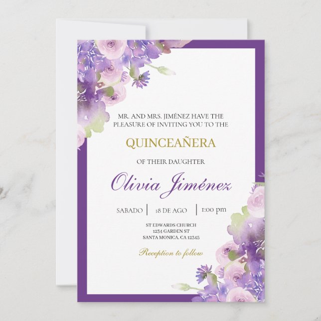 Lila Blume quinceañera Einladung (Vorderseite)