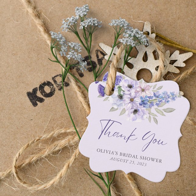 Lila Blume Script Brautparty Vielen Dank Geschenkanhänger (Purple Flower Script Bridal Shower Thank You Favor Tags)