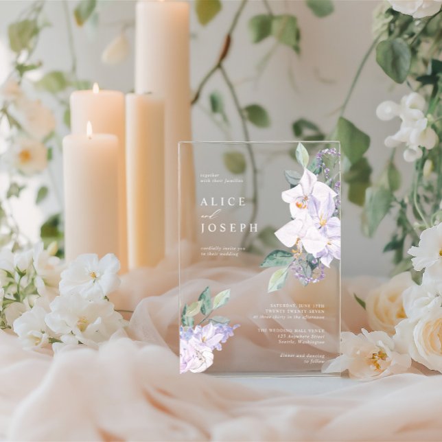 Lila Blume und Hochzeit im Grünen Acryleinladungen (Purple Watercolor Flowers & Greenery Wedding Acrylic Invitations)