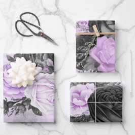 LILA BLUME UND PATTERIEN FÜR SCHWARZSILBER GESCHENKPAPIER SET