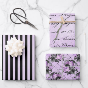 LILA BLUME UND PATTERIEN FÜR SCHWARZSILBER GESCHENKPAPIER SET