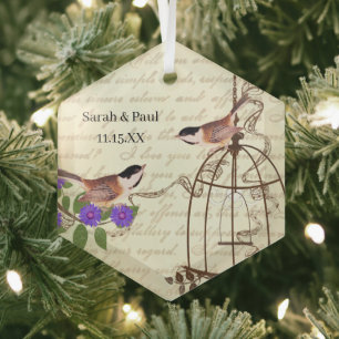 Lila Blume Vintager Vogel Save the Date Vogelkäfig Ornament Aus Glas
