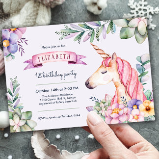 Lila Blume Wasserfarbe Einhorn Girl Einladung