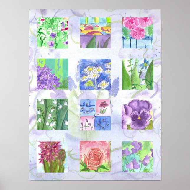 Lila Blume Wasserfarbene Collage Art Pansy Rose Poster (Vorne)