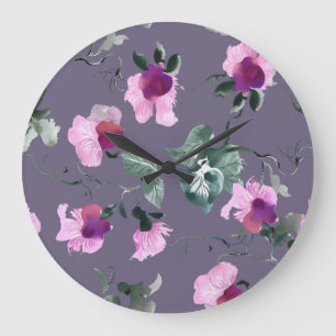 Lila Blumen: Aquarellfarbenes, nahtloses Muster. Große Wanduhr