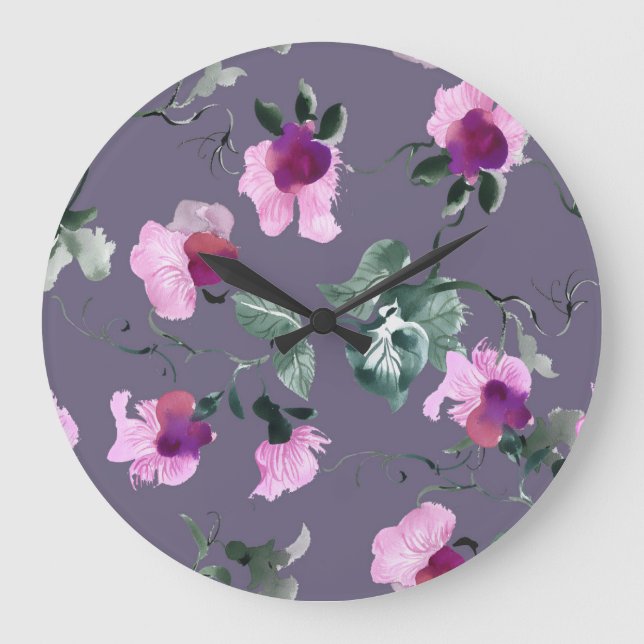 Lila Blumen: Aquarellfarbenes, nahtloses Muster. Große Wanduhr (Vorderseite)