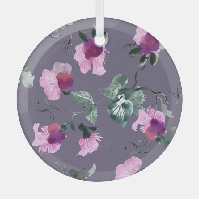 Lila Blumen: Aquarellfarbenes, nahtloses Muster. Ornament Aus Glas (Vorderseite)
