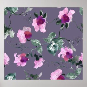 Lila Blumen: Aquarellfarbenes, nahtloses Muster. Poster