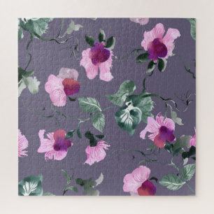 Lila Blumen: Aquarellfarbenes, nahtloses Muster. Puzzle