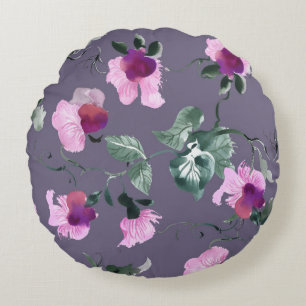Lila Blumen: Aquarellfarbenes, nahtloses Muster. Rundes Kissen
