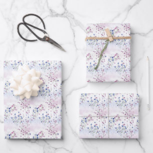 Lila Blumen auf Weiß Geschenkpapier Set