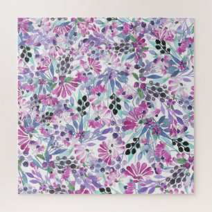 Lila Blumen & Beeren: Aquarell Puzzle