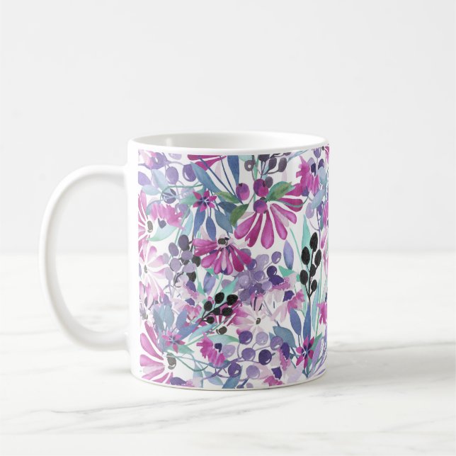 Lila Blumen & Berries: Aquarell Kaffeetasse (Links)