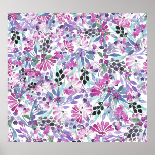 Lila Blumen & Berries: Aquarell Poster