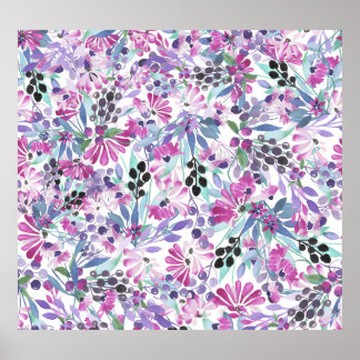Lila Blumen & Berries: Aquarell Poster
