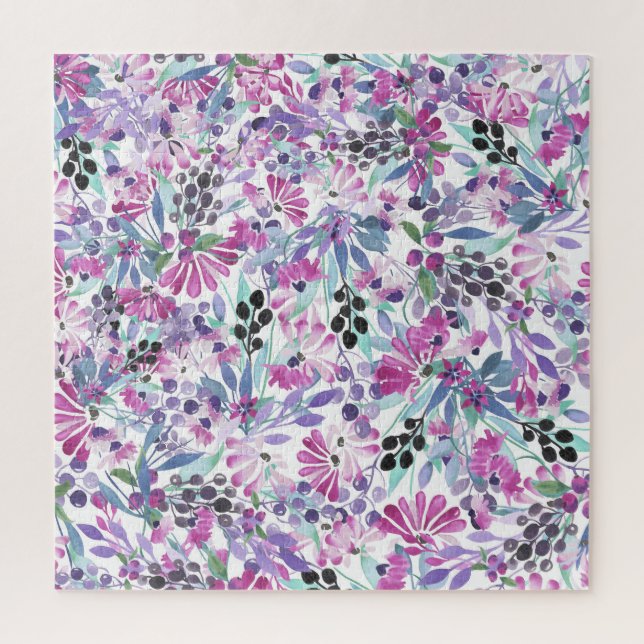 Lila Blumen & Berries: Aquarell Puzzle (Vertikal)
