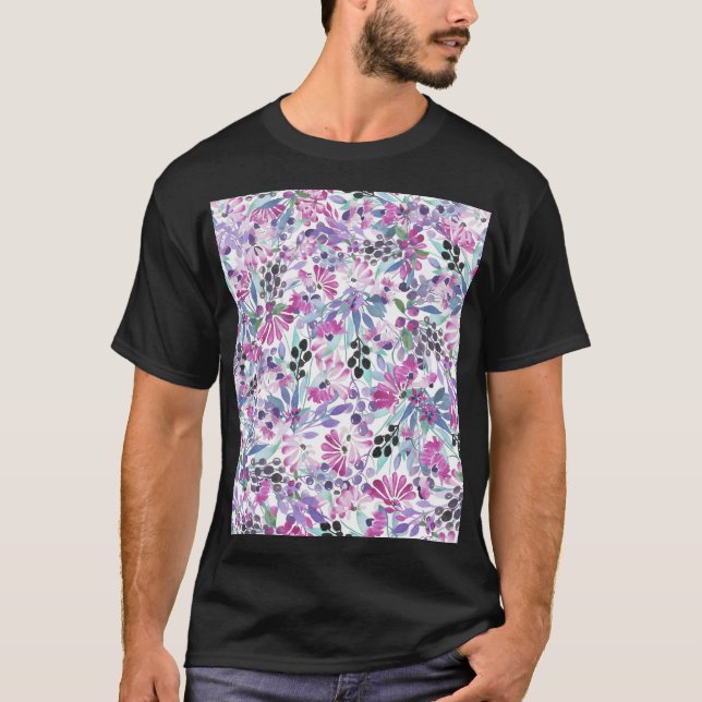 Lila Blumen & Berries: Aquarell T-Shirt (Vorderseite)
