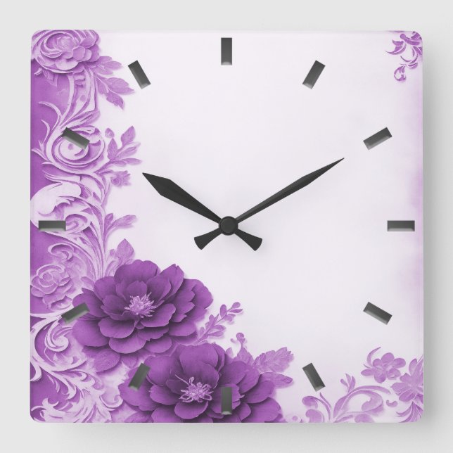 Lila Blumen Blühte Wall Clock Quadratische Wanduhr (Vorderseite)