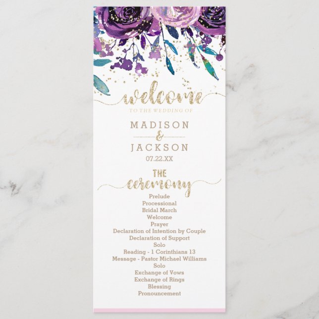 Lila Blumen Champagner Gold Hochzeitsprogramm im C Programm (Vorderseite)