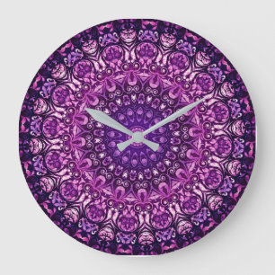Lila Blumen-Damaskus-Muster Große Wanduhr