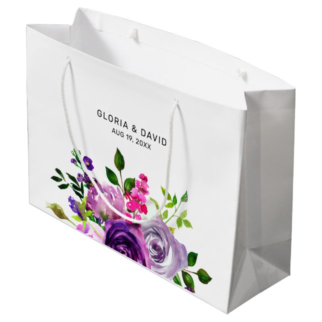 Lila Blumen Elegante Hochzeit Große Geschenktüte (Rückseite Schrägansicht)