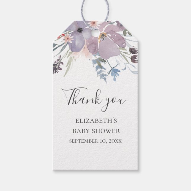 Lila Blumen. Floral baby Dusche danke Geschenkanhänger (Vorderseite)