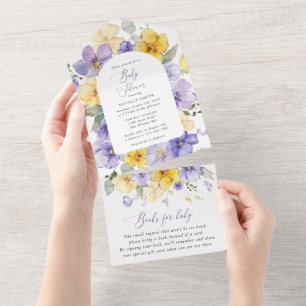 Lila Blumen, gelbe Blumen, Boho, Babydusche All In One Einladung