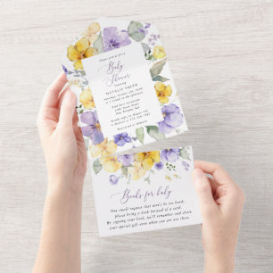 Lila Blumen, gelbe Blumen, Boho, Babydusche All In One Einladung