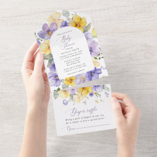 Lila Blumen, gelbe Blumen, Boho, Babydusche All In One Einladung