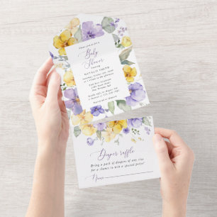 Lila Blumen, gelbe Blumen, Boho, Babydusche All In One Einladung