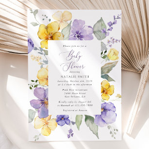Lila Blumen, gelbe Blumen, Boho, Babydusche Einladung