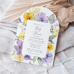Lila Blumen, gelbe Blumen, Boho, Babydusche Einladung