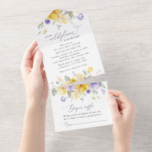 Lila Blumen, gelbe Blumen, Boho, Babyparty All In One Einladung