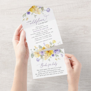 Lila Blumen, gelbe Blumen, Boho, Babyparty All In One Einladung