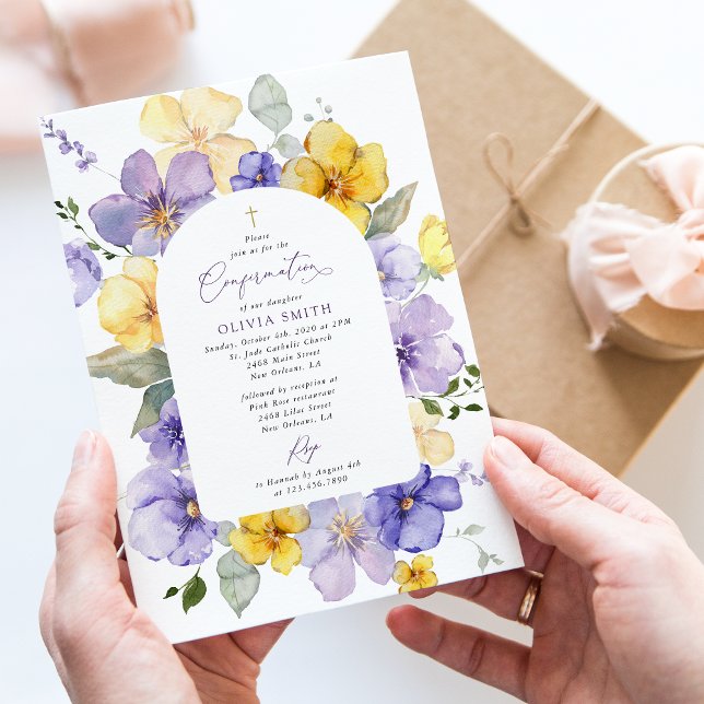 Lila Blumen, gelbe Blumen, Boho, Konfirmation Einladung (Von Creator hochgeladen)
