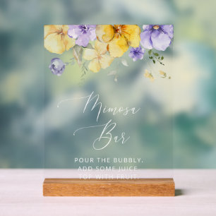 Lila Blumen, gelbe Blumen, Boho, Mimosa-Bar Acrylschild