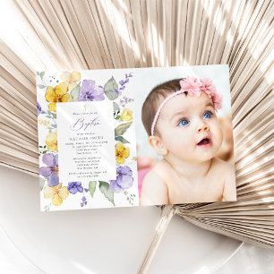 Lila Blumen, gelbe Blumen, Boho, Taufe Einladung
